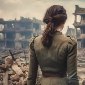 Woman in military coat overlooking ruins